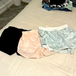 3 shorts, black, pink, greenish blue